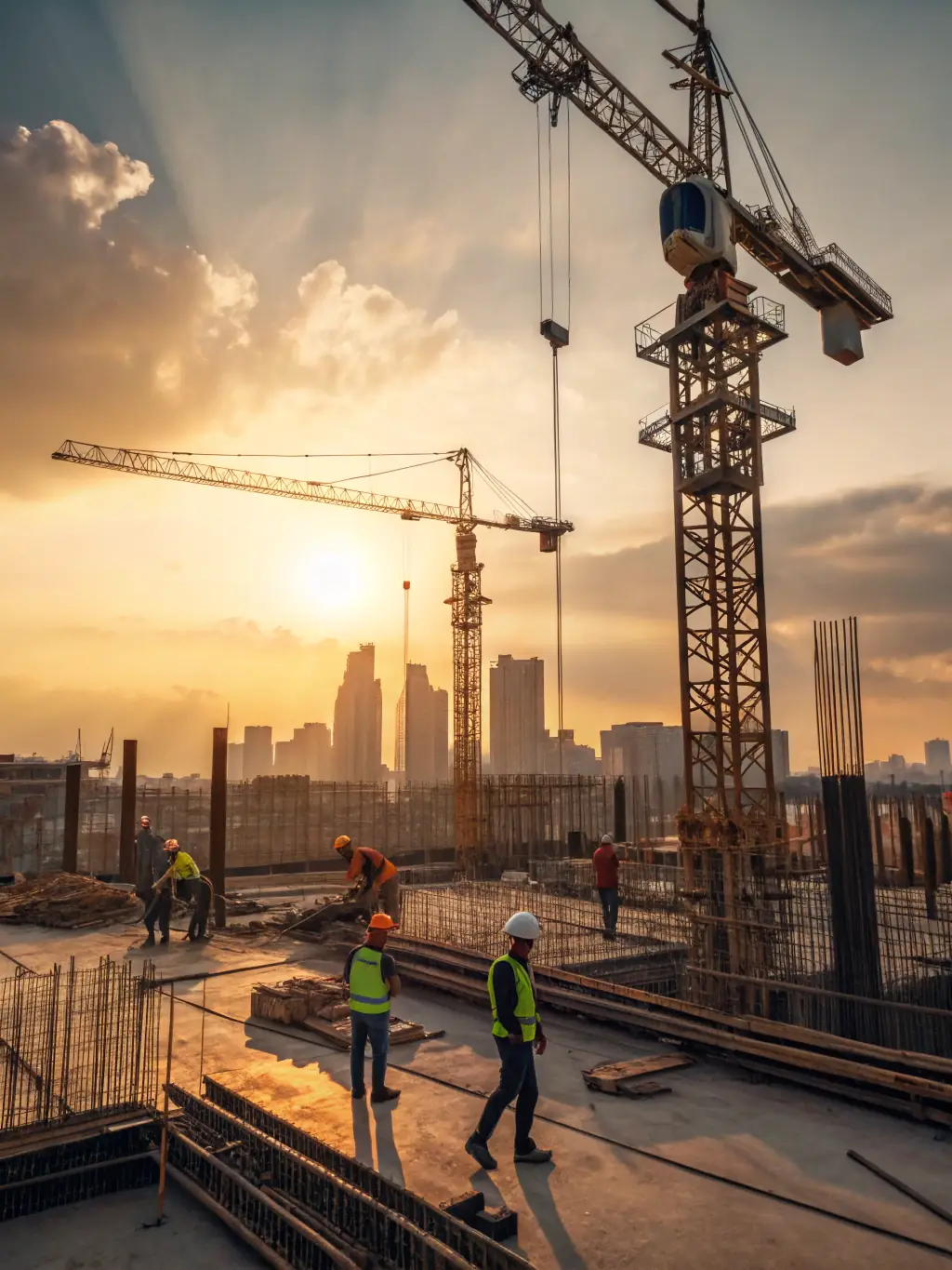 A construction site with workers and machinery, illustrating Venture Flow LLC's ongoing development and property management support.