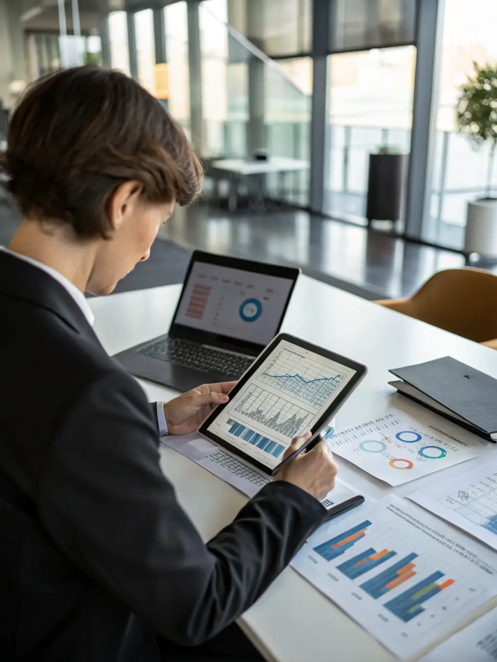A professional analyzing maps and reports on a digital tablet in an office setting, representing Venture Flow LLC's due diligence and market analysis services.