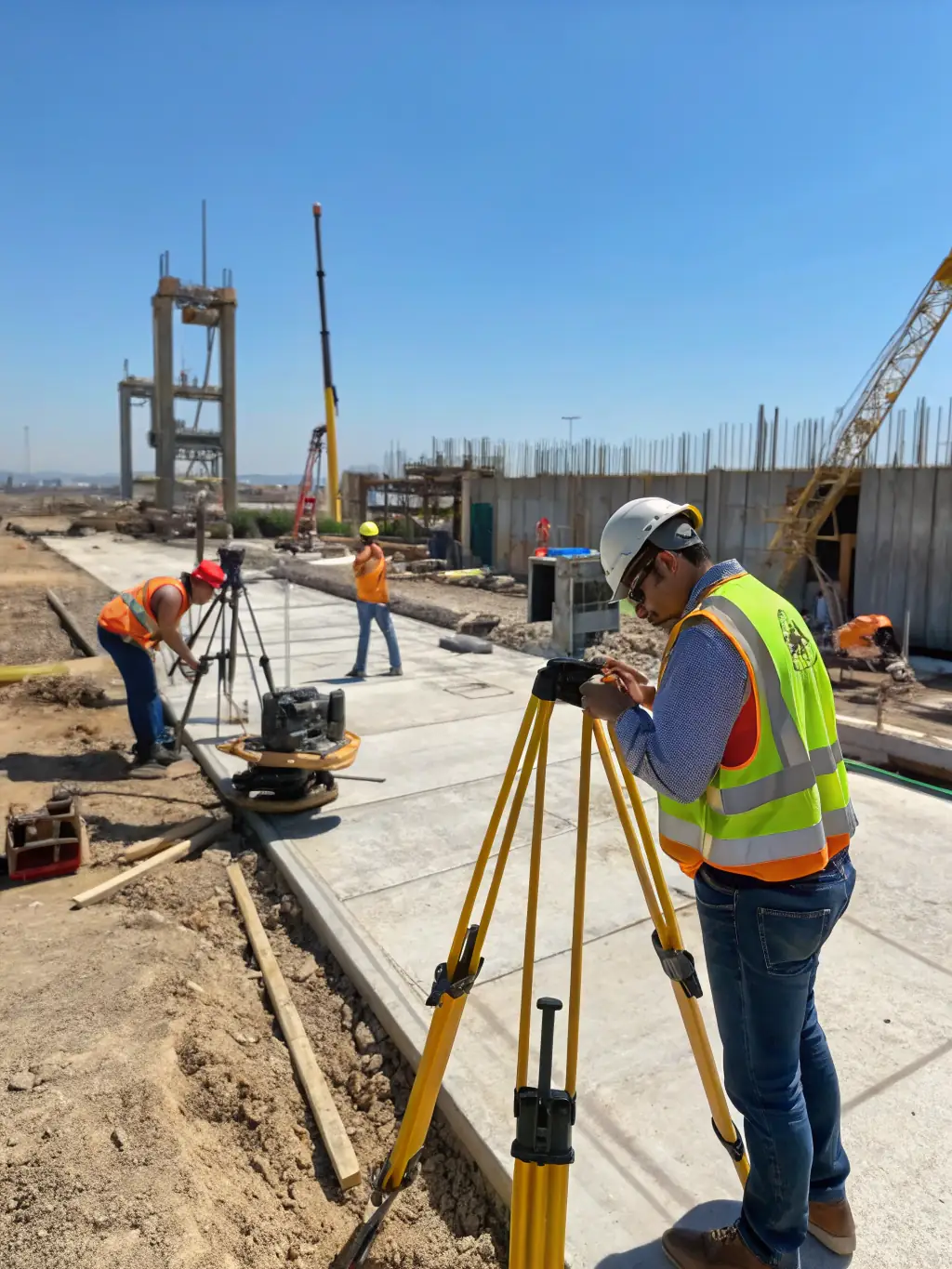 A high-angle photograph of a team of land surveyors working on a large plot of land, with construction equipment visible in the background, symbolizing land acquisition strategies.